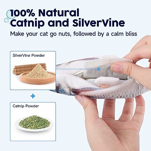 Hands holding a toy with natural catnip and silvervine ingredients displayed.