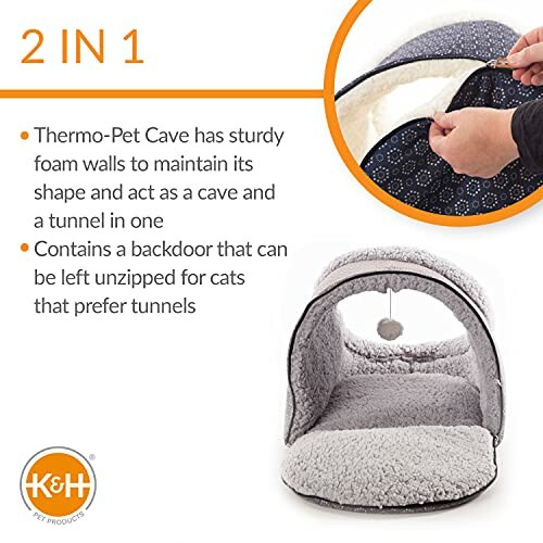Pet cave and tunnel with zipper opening, shown with text highlighting features.