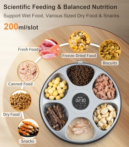 Pet feeder with various food compartments including fresh food, freeze-dried food, biscuits, canned food, dry food, and snacks.