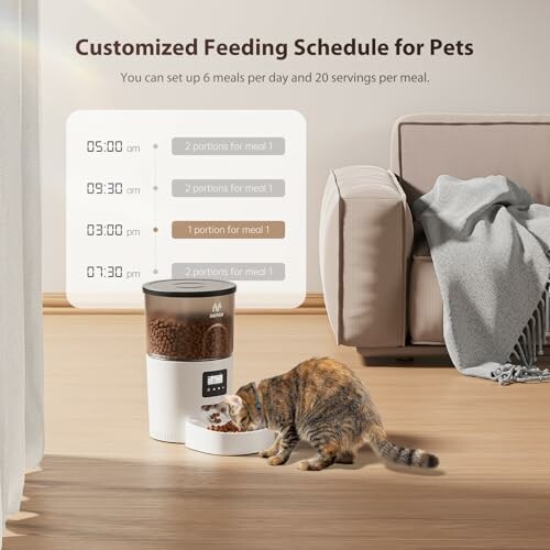Smart pet feeder with feeding schedule and cat eating.