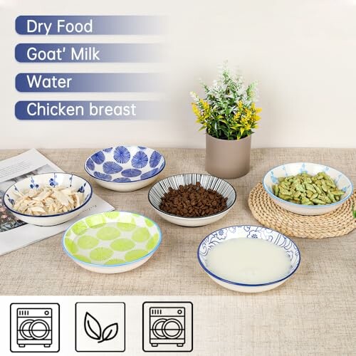 Bowls with dry food, goat milk, water, chicken breast, and decor on a table.