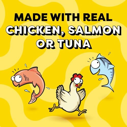 Cartoon chicken, salmon, and tuna with text 'Made with real chicken, salmon or tuna' on yellow background.