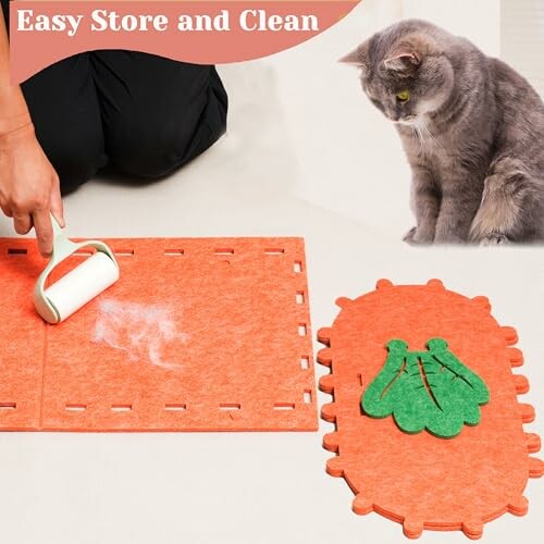 Person using lint roller on orange mat with cat watching