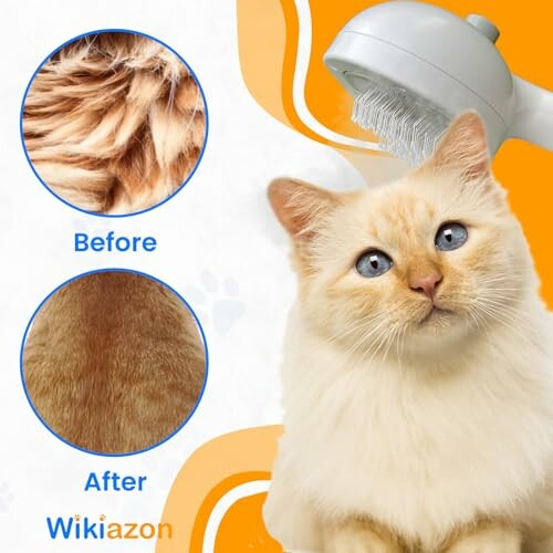 A fluffy cat with a grooming brush and before-after fur images.