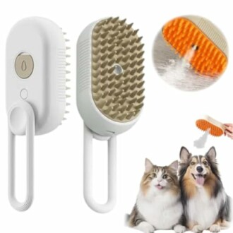 Pet grooming brush for dogs and cats with water spray feature.