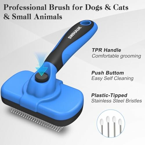 Pet grooming brush with TPR handle, push button for self-cleaning, and plastic-tipped stainless steel bristles.