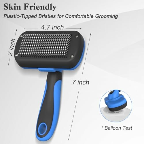Pet grooming brush with plastic-tipped bristles and dimensions.