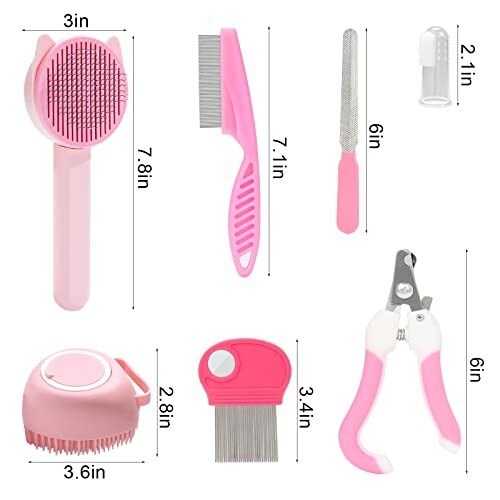 Set of pink pet grooming tools including brushes, combs, nail clippers, and a finger brush