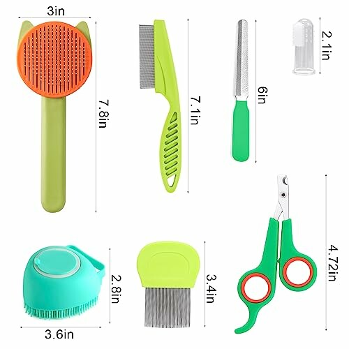 Various pet grooming tools with dimensions.