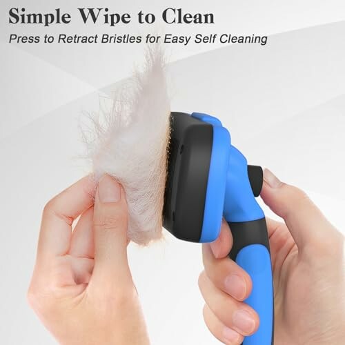 Hands using a blue pet brush with retractable bristles for easy cleaning.