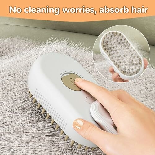 Pet hair removal brush with a hand pressing button to remove fur, captioned 'No cleaning worries, absorb hair'.