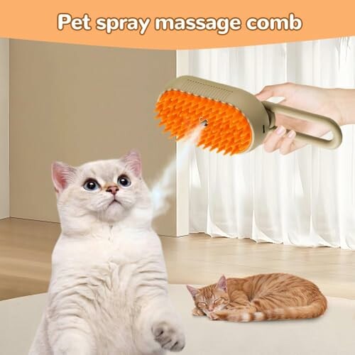 Pet spray massage comb used on a cat with another cat sleeping nearby.