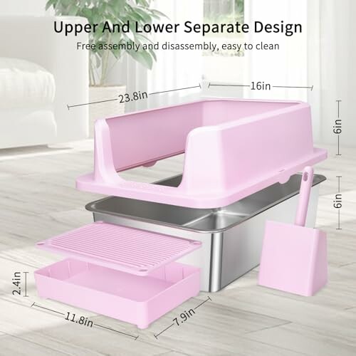 Pink litter box with scoop and tray, easy assembly design.