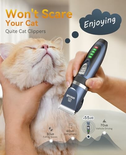 Cat being groomed with a quiet pet clipper