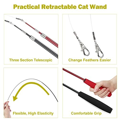 Retractable cat wand with telescopic sections, easy feather change, flexible elasticity, and comfortable grip.