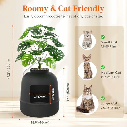 Roomy cat-friendly planter with measurements and cat size guide.