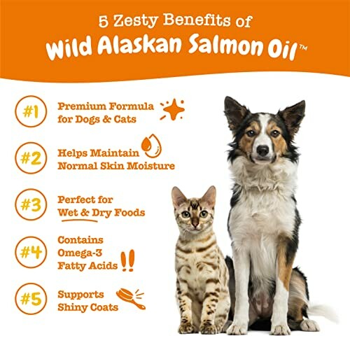 Infographic of five benefits of Wild Alaskan Salmon Oil for pets with a dog and cat.