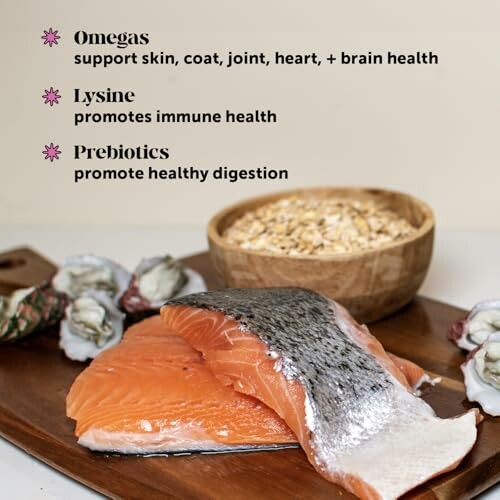 Salmon fillets with bowls of grains and text on health benefits of omegas, lysine, and prebiotics.
