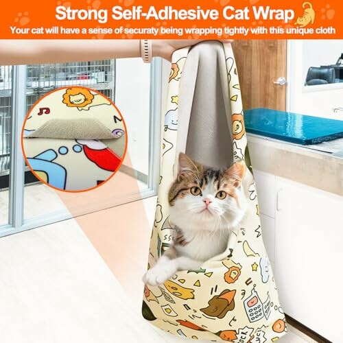 Cat in a colorful self-adhesive wrap with cute patterns.