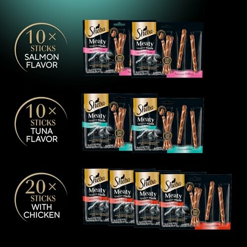 Sheba Meaty Tender Sticks in salmon, tuna, and chicken flavors.