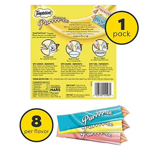 Temptations Creamy Purrrr-ee cat treat packaging with feeding instructions and flavors.