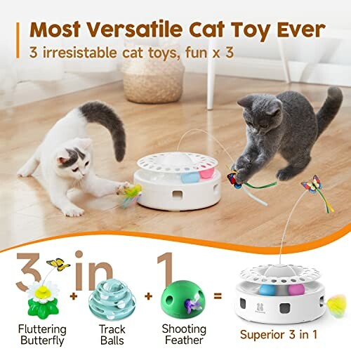 Two cats playing with a versatile 3-in-1 cat toy featuring a fluttering butterfly, track balls, and a shooting feather.