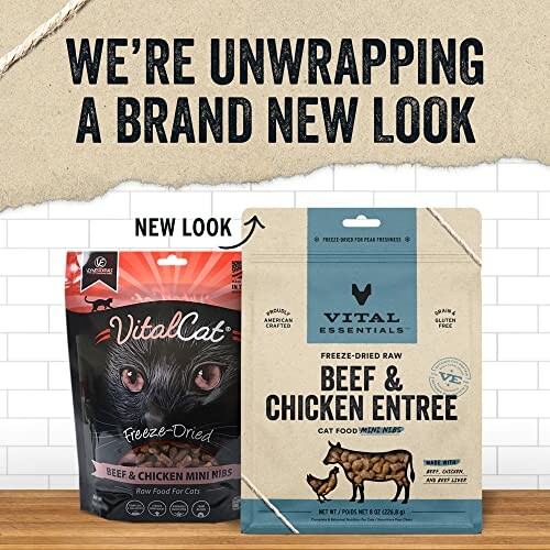 Vital Cat food packaging with new look featuring beef and chicken entrees.