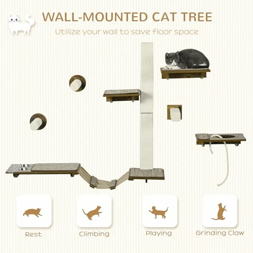 Wall-mounted cat tree with climbing platforms and resting spots for cats.