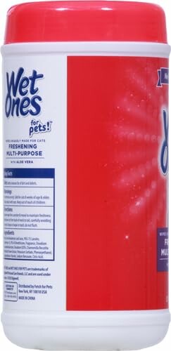 Container of Wet Ones pet wipes with red and white packaging.